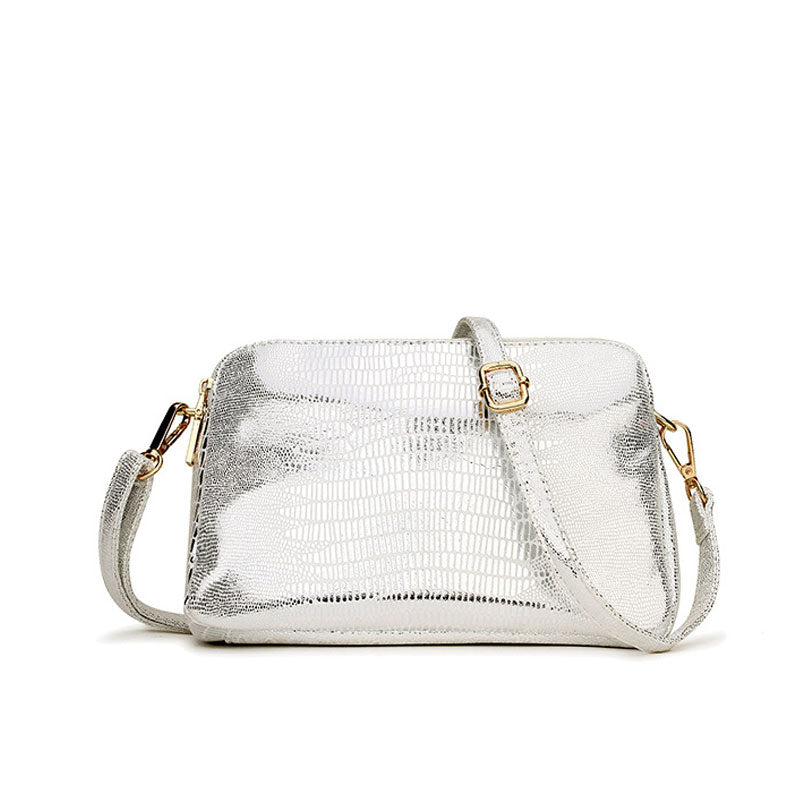 Metallic Laminated Leather Animal Pattern Double Zip Crossbody Bag - Silver