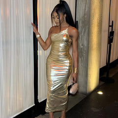 Metallic Ruched Spaghetti Strap One Shoulder Bodycon Party Maxi Dress - Gold