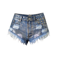 High Waist Distressed Denim Shorts mit Metallic-Nietenbesatz - Blau