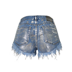 High Waist Distressed Denim Shorts mit Metallic-Nietenbesatz - Blau