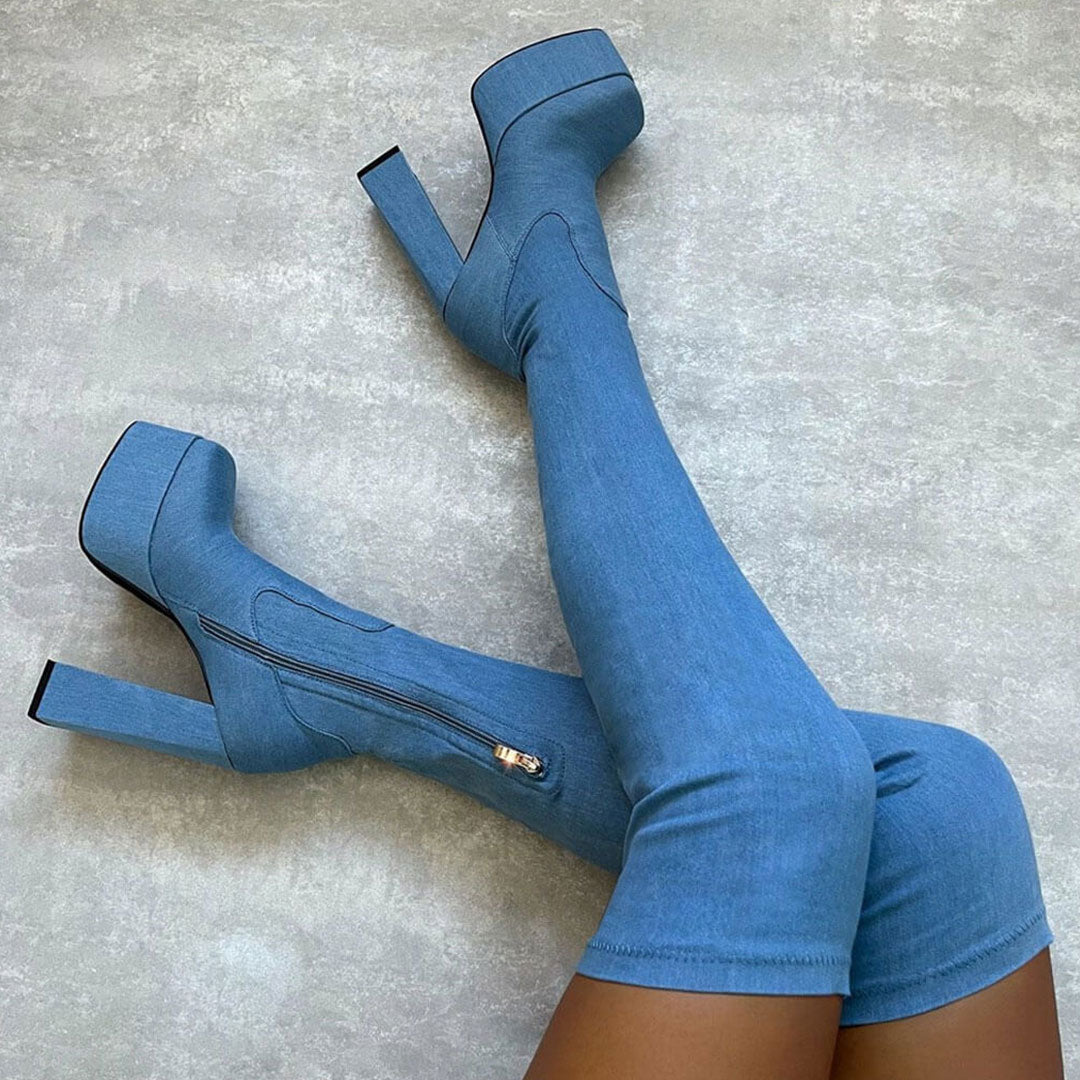 Minimalistische Denim High Heel Plateau Overknee Stiefel - Jeansblau