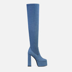 Minimalistische Denim High Heel Plateau Overknee Stiefel - Jeansblau