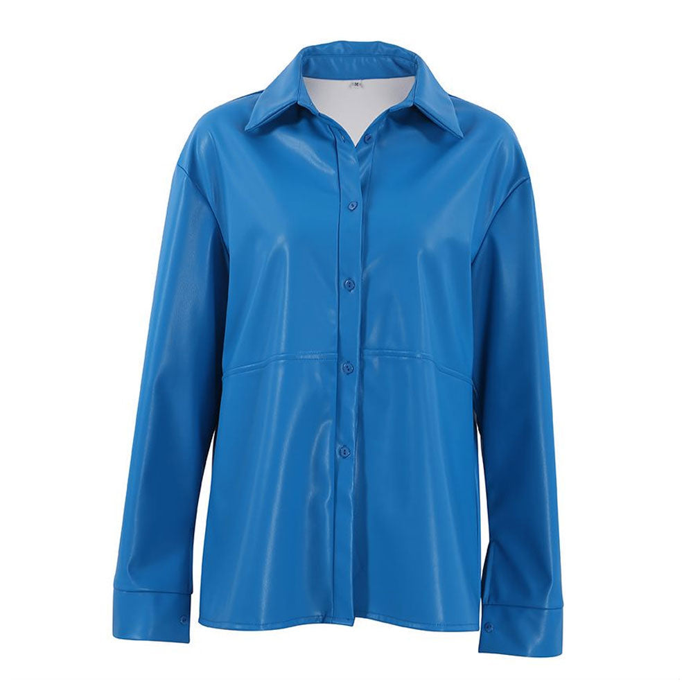 Minimalist Faux Leather Button Up Long Sleeve Pointed Collar Shirt - Royal Blue