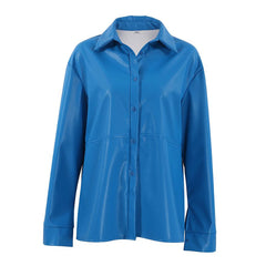 Minimalist Faux Leather Button Up Long Sleeve Pointed Collar Shirt - Royal Blue