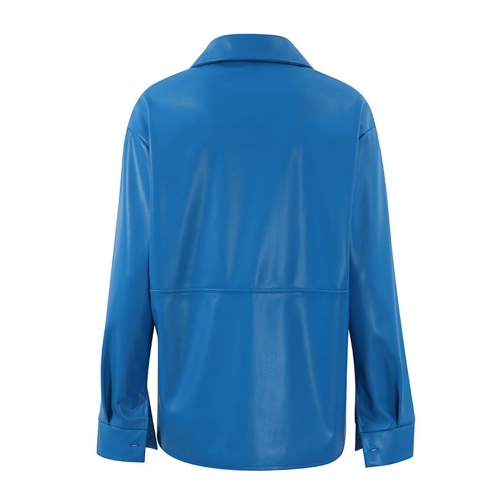 Minimalist Faux Leather Button Up Long Sleeve Pointed Collar Shirt - Royal Blue