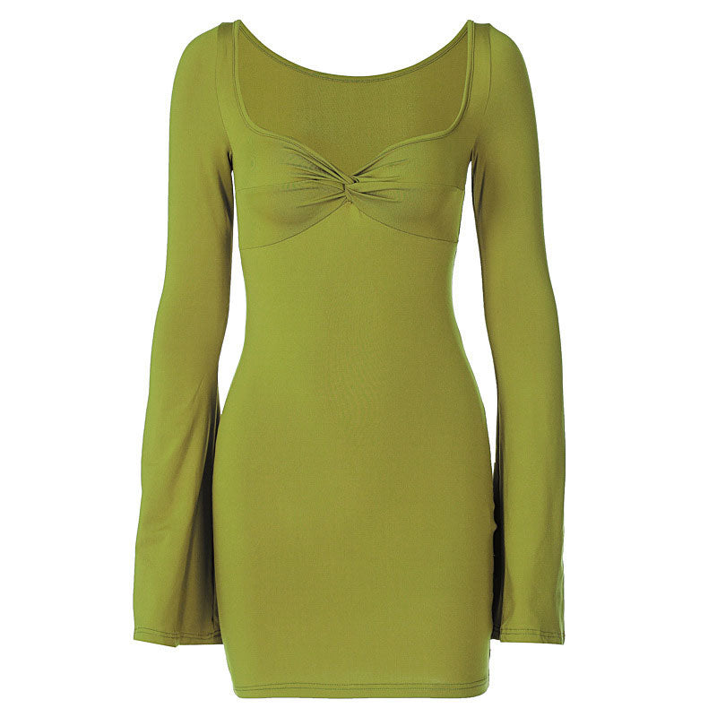 Robe courte moulante minimaliste à manches longues et bordure torsadée froncée - Vert