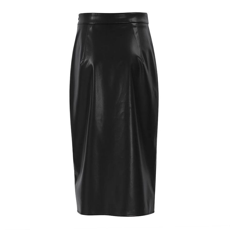 Jupe mi-longue en cuir vegan à taille haute et bordure fendue de style minimaliste - Noir