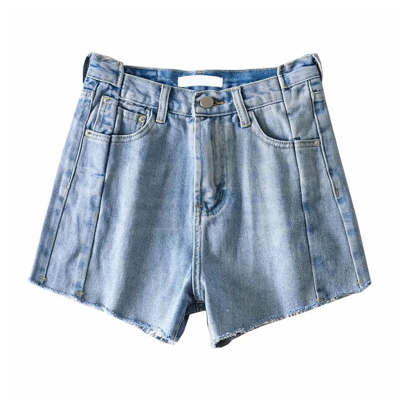 Short en jean taille haute effiloché à patchwork égaré - Bleu clair