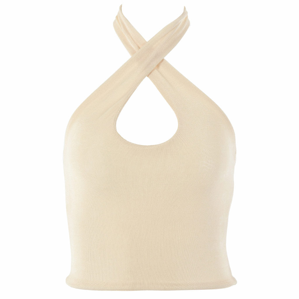 Halter Neck Cross Front Crop Tank Top - Beige