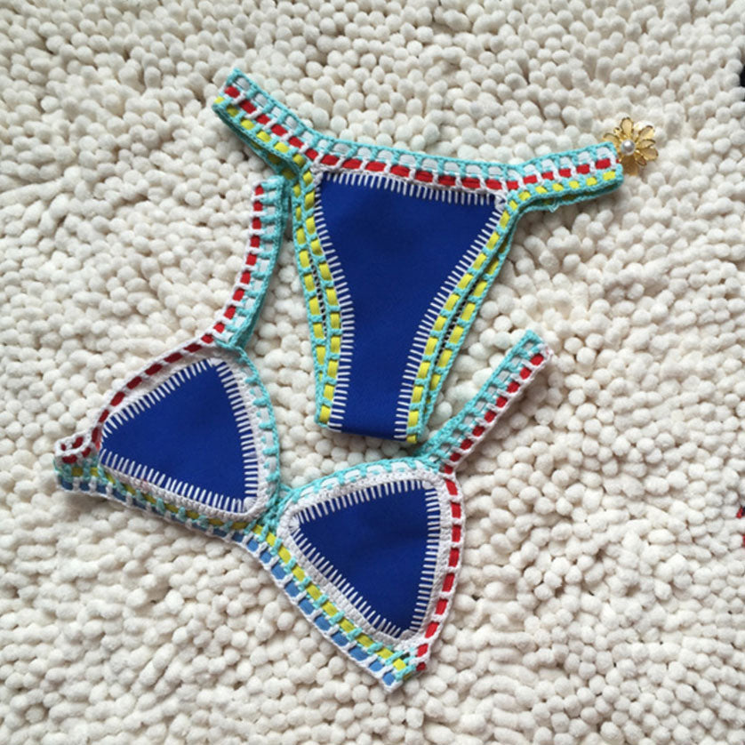 Trendy Reversible Neoprene Crochet Banded Triangle Bikini Set - Blue