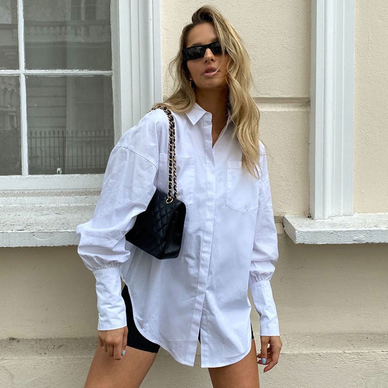 Oversized Button Up Bishop Sleeve Patch Pocket Collared Shirt - White