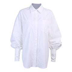 Oversized Button Up Bishop Sleeve Patch Pocket Collared Shirt - White