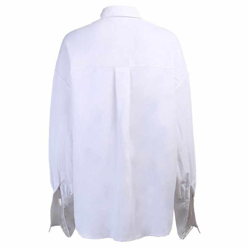 Oversized Button Up Bishop Sleeve Patch Pocket Collared Shirt - White