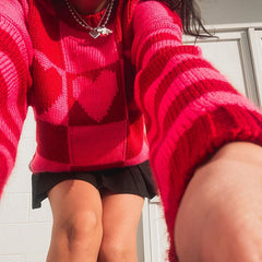 Oversized Heart Checkered Pattern Long Sleeve Rib Knit Sweater - Red