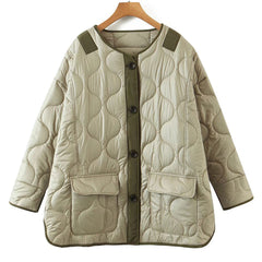 Oversized Long Sleeve Button Down Flap Pocket Quilted Jacket - Sage Green