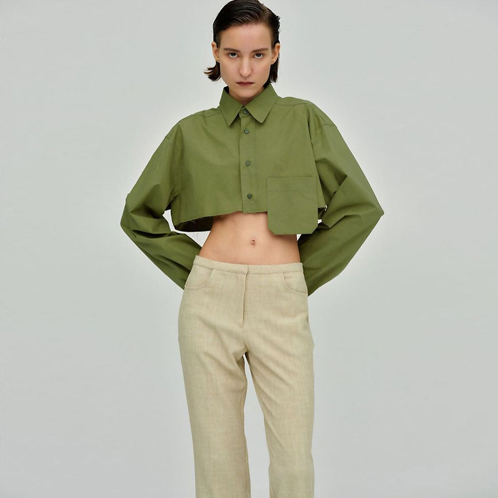 Oversized Long Sleeve Button Down Pointed Collar Cropped Shirt - Green