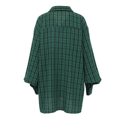 Oversized Plaid Drop Shoulder Bishop Sleeve Button Up Shirt - Emerald Green