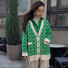 Oversized Plaid Print V Neck Button Up Long Sleeve Ribbed Cardigan - Green