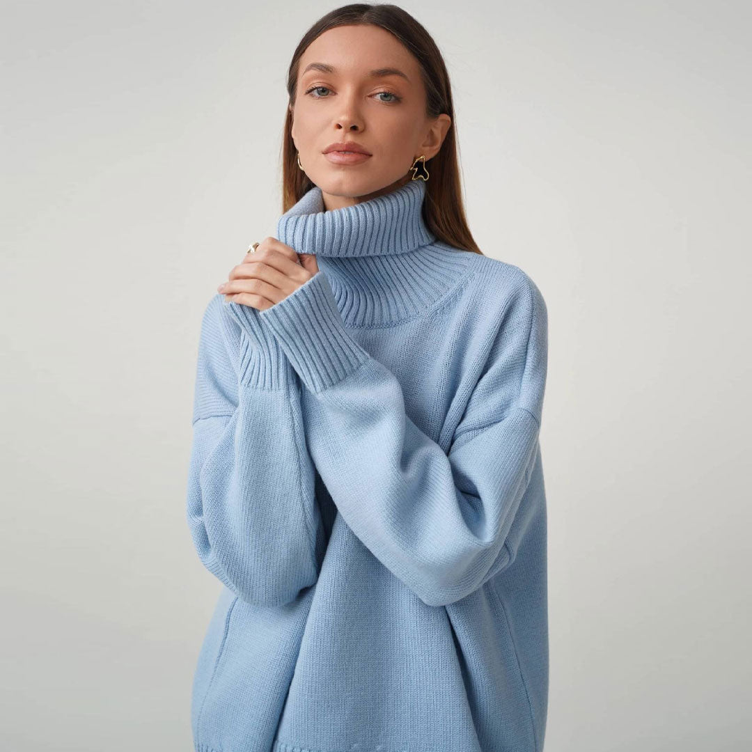 Oversize-Rollkragenpullover mit Rippenmuster und hohen, niedrigen Ärmeln - Babyblau