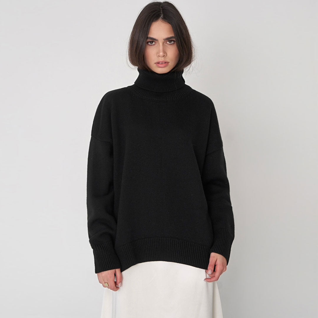 Oversized Rib Knit High Low Turtleneck Long Sleeve Sweater - Black