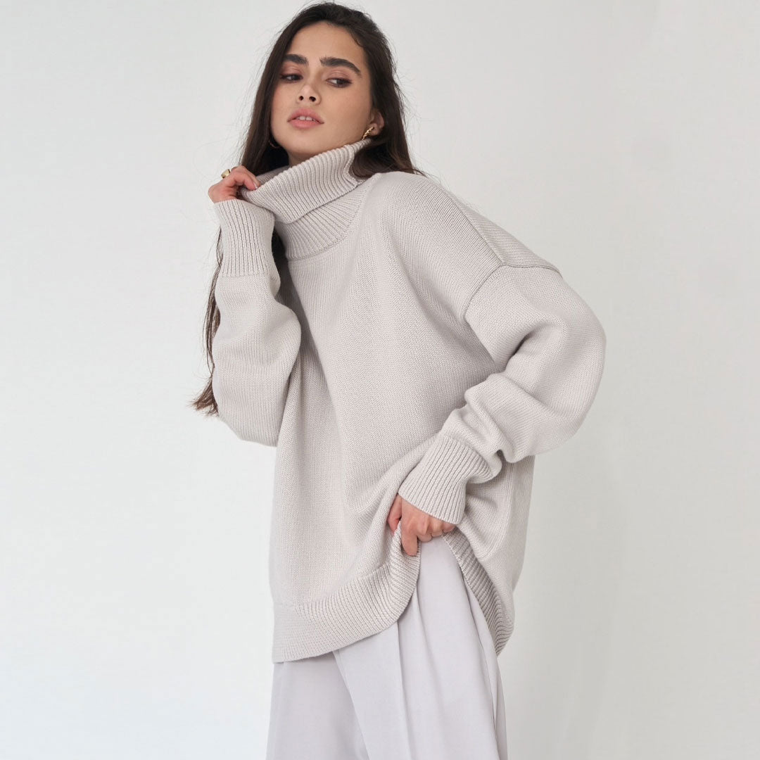 Oversize-Rollkragenpullover mit Rippenmuster und hohen, niedrigen Ärmeln - Grau