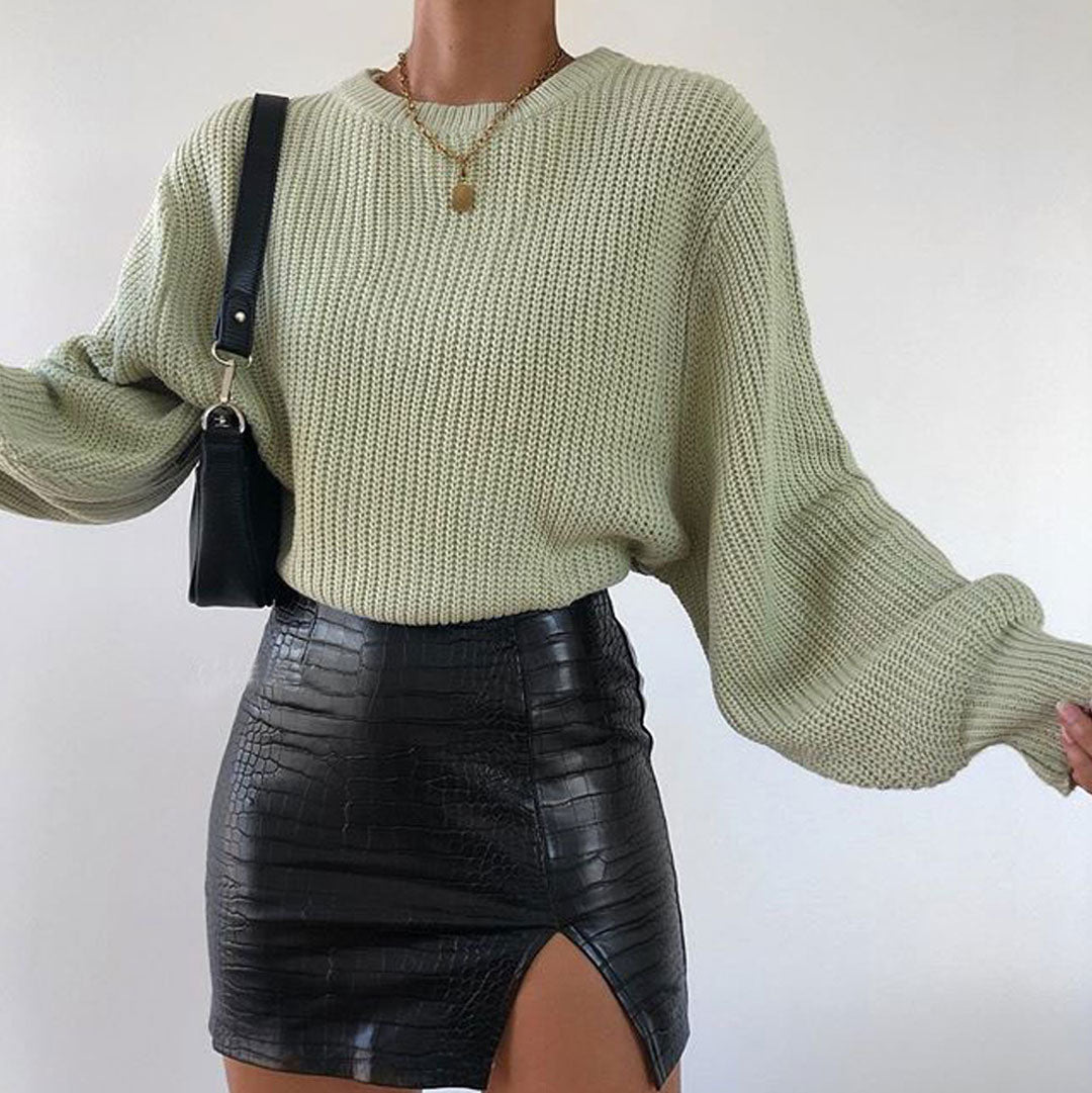 Oversized Rib Knit Round Neck Bishop Sleeve Pullover Sweater - Sage Green