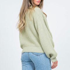 Oversized Rib Knit Round Neck Bishop Sleeve Pullover Sweater - Sage Green