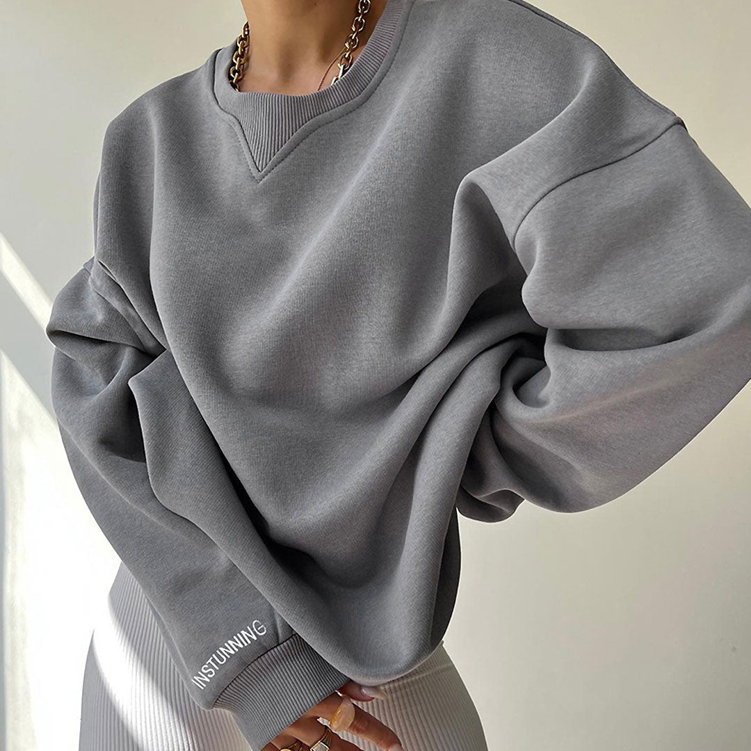 Oversized Ribbed Lettering Trim Drop Shoulder Long Sleeve Sweatshirt - Gray