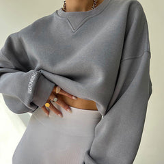 Oversized Ribbed Lettering Trim Drop Shoulder Long Sleeve Sweatshirt - Gray