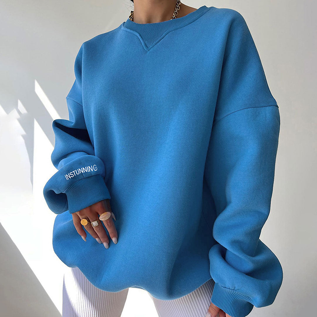 Oversized Ribbed Lettering Trim Drop Shoulder Long Sleeve Sweatshirt - Royal Blue