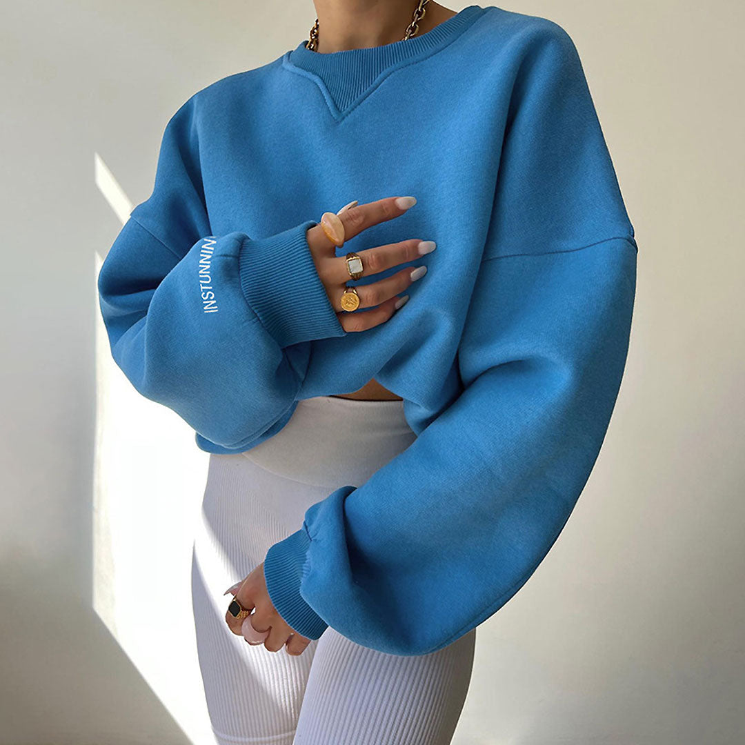 Oversized Ribbed Lettering Trim Drop Shoulder Long Sleeve Sweatshirt - Royal Blue