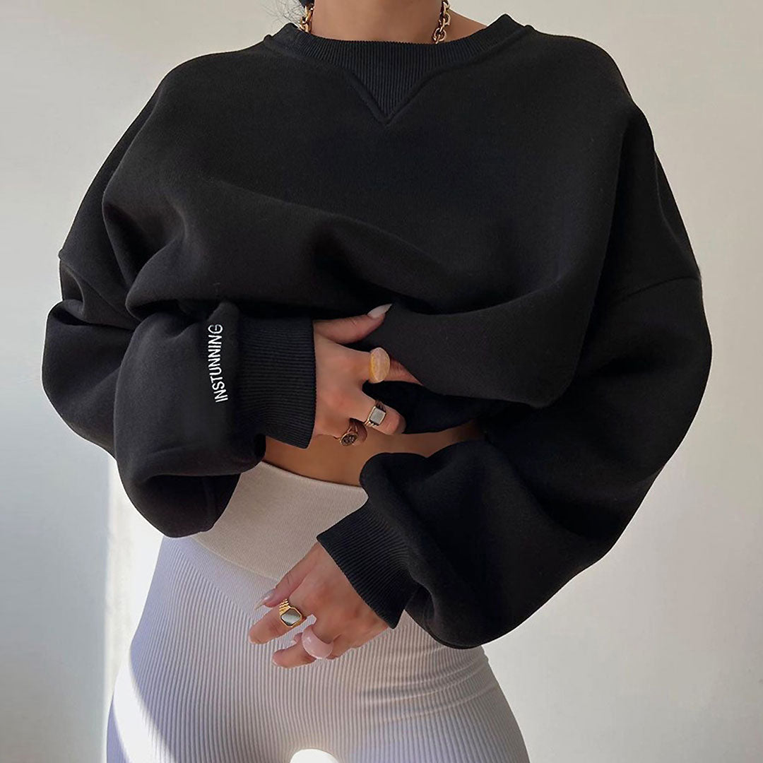 Oversized Ribbed Lettering Trim Drop Shoulder Long Sleeve Sweatshirt - Black