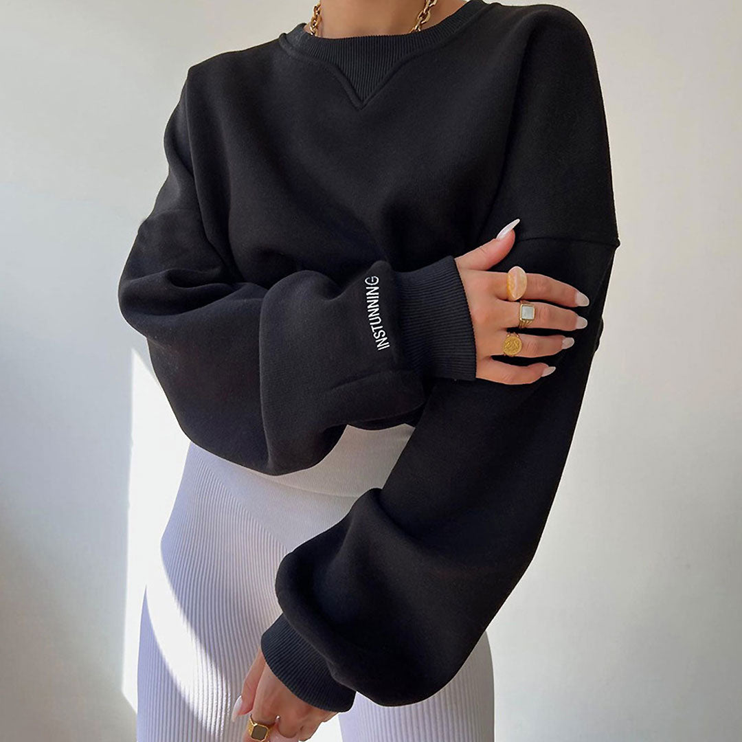 Oversized Ribbed Lettering Trim Drop Shoulder Long Sleeve Sweatshirt - Black