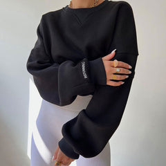 Oversized Ribbed Lettering Trim Drop Shoulder Long Sleeve Sweatshirt - Black