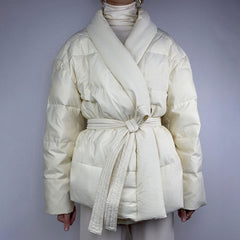 Oversized Shawl Collar Long Sleeve Belted Puffer Jacket - White