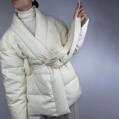 Oversized Shawl Collar Long Sleeve Belted Puffer Jacket - White