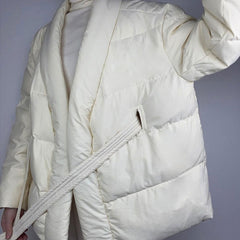 Oversized Shawl Collar Long Sleeve Belted Puffer Jacket - White