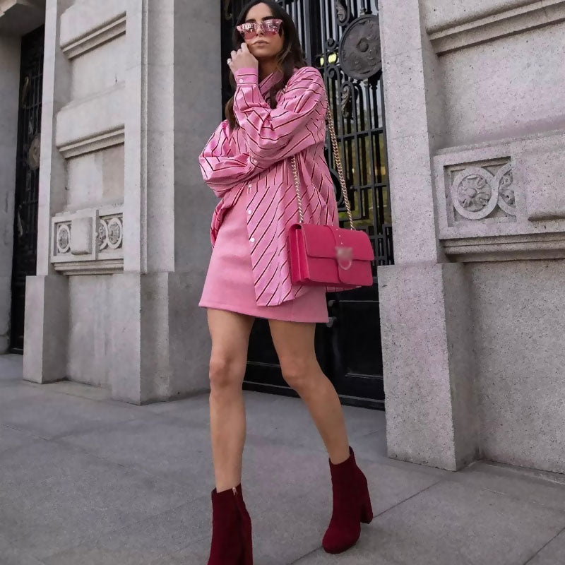 Oversized Stripe Print Button Down Long Sleeve Pointed Collar Shirt - Pink