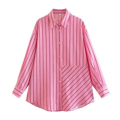 Chemise oversize à rayures et col pointu à manches longues et boutons - Rose