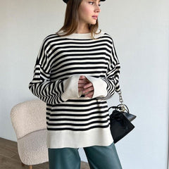 Oversized Striped Crew Neck Drop Shoulder Long Sleeve Sweater - Stripe