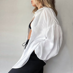 Oversized Textured Drop Shoulder Bishop Sleeve Button Up Collared Shirt - White