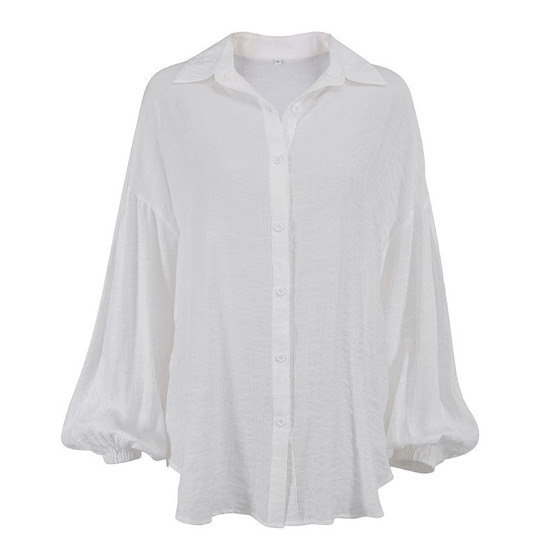 Oversized Textured Drop Shoulder Bishop Sleeve Button Up Collared Shirt - White