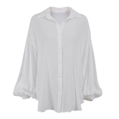 Oversized Textured Drop Shoulder Bishop Sleeve Button Up Collared Shirt - White