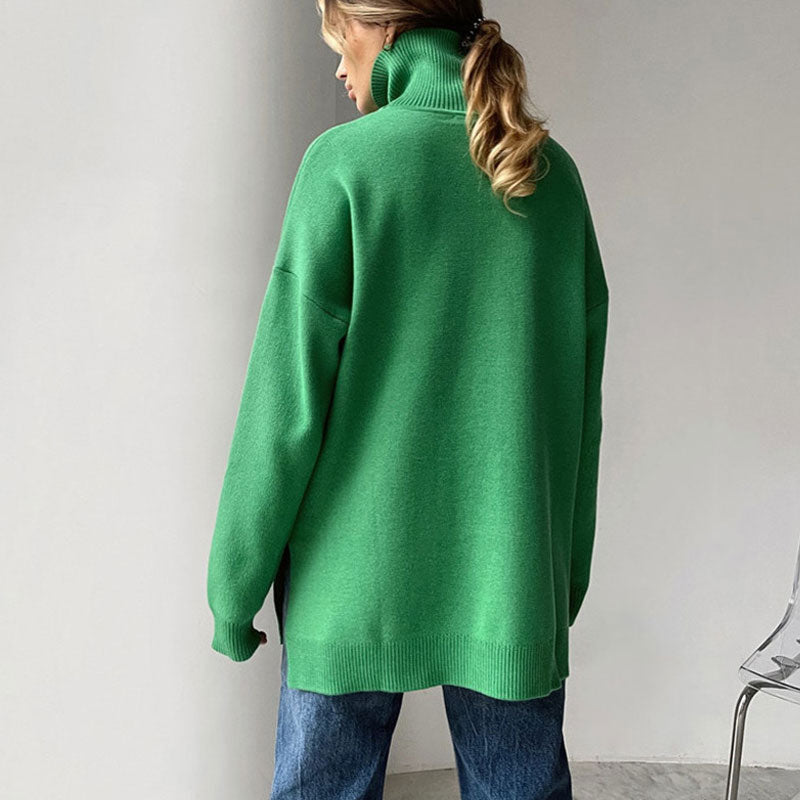 Pull oversize à col roulé et manches longues avec bordure fendue - Vert