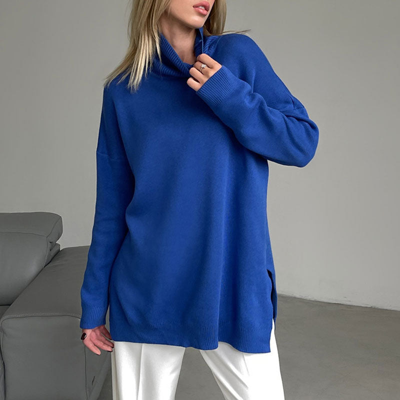 Oversized Turtleneck Long Sleeve Slit Trim Pullover Sweater - Royal Blue