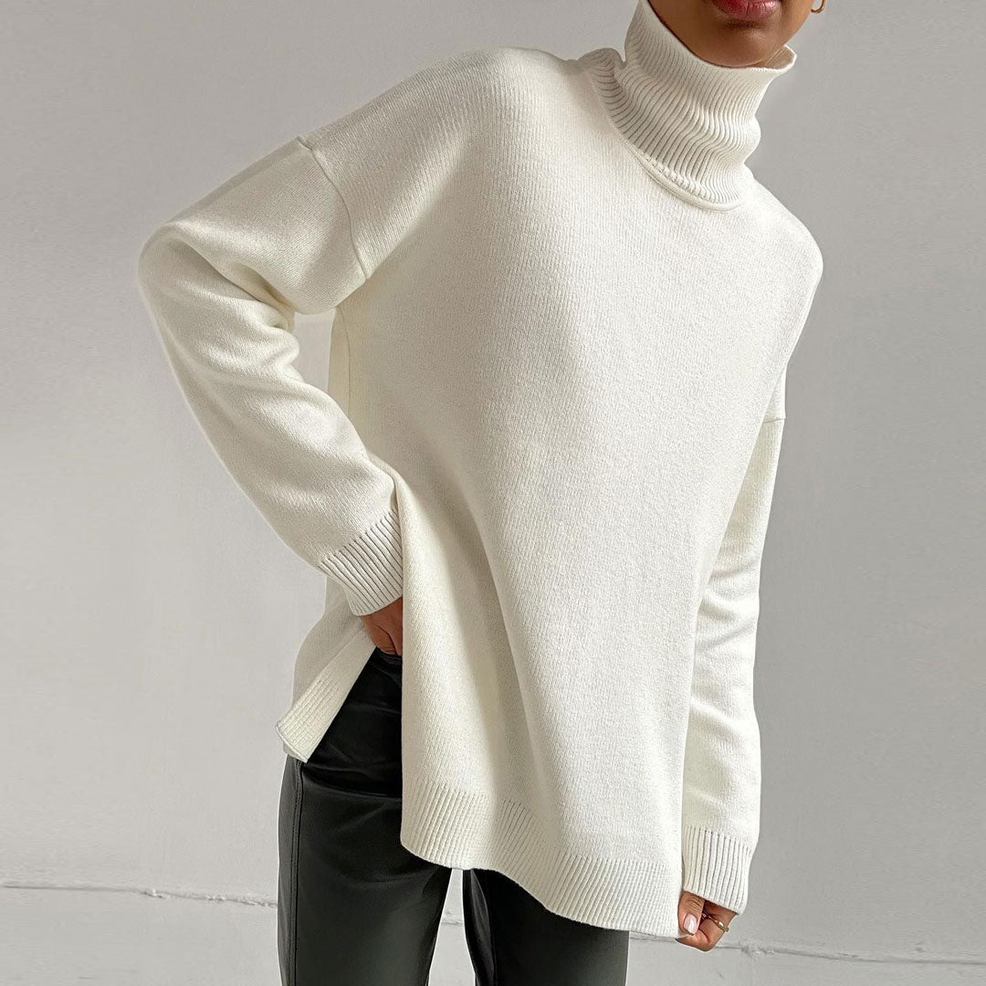 Oversized Turtleneck Long Sleeve Slit Trim Pullover Sweater - White