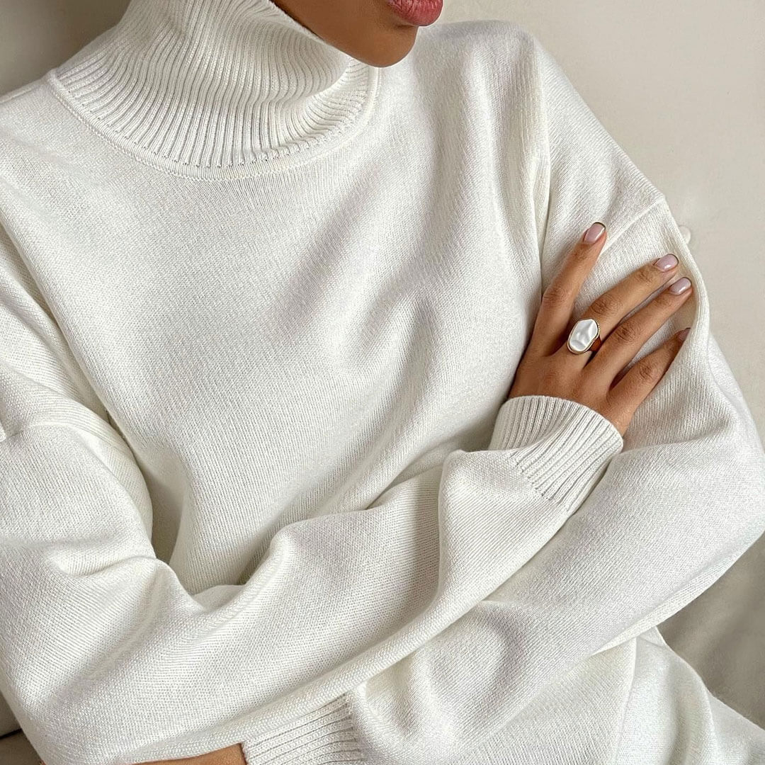 Oversized Turtleneck Long Sleeve Slit Trim Pullover Sweater - White