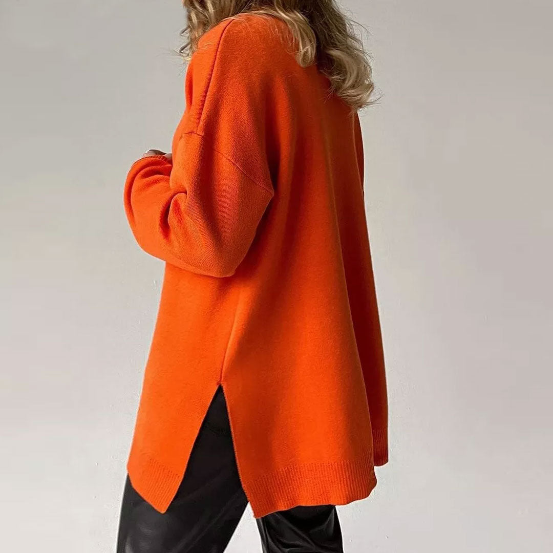 Oversized Turtleneck Long Sleeve Slit Trim Pullover Sweater - Burnt Orange