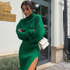 Ensemble assorti pull à col roulé oversize et jupe mi-longue fendue - Vert émeraude