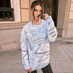 Oversized Wave Print Ribbed Long Sleeve Pullover Sweater - Blue